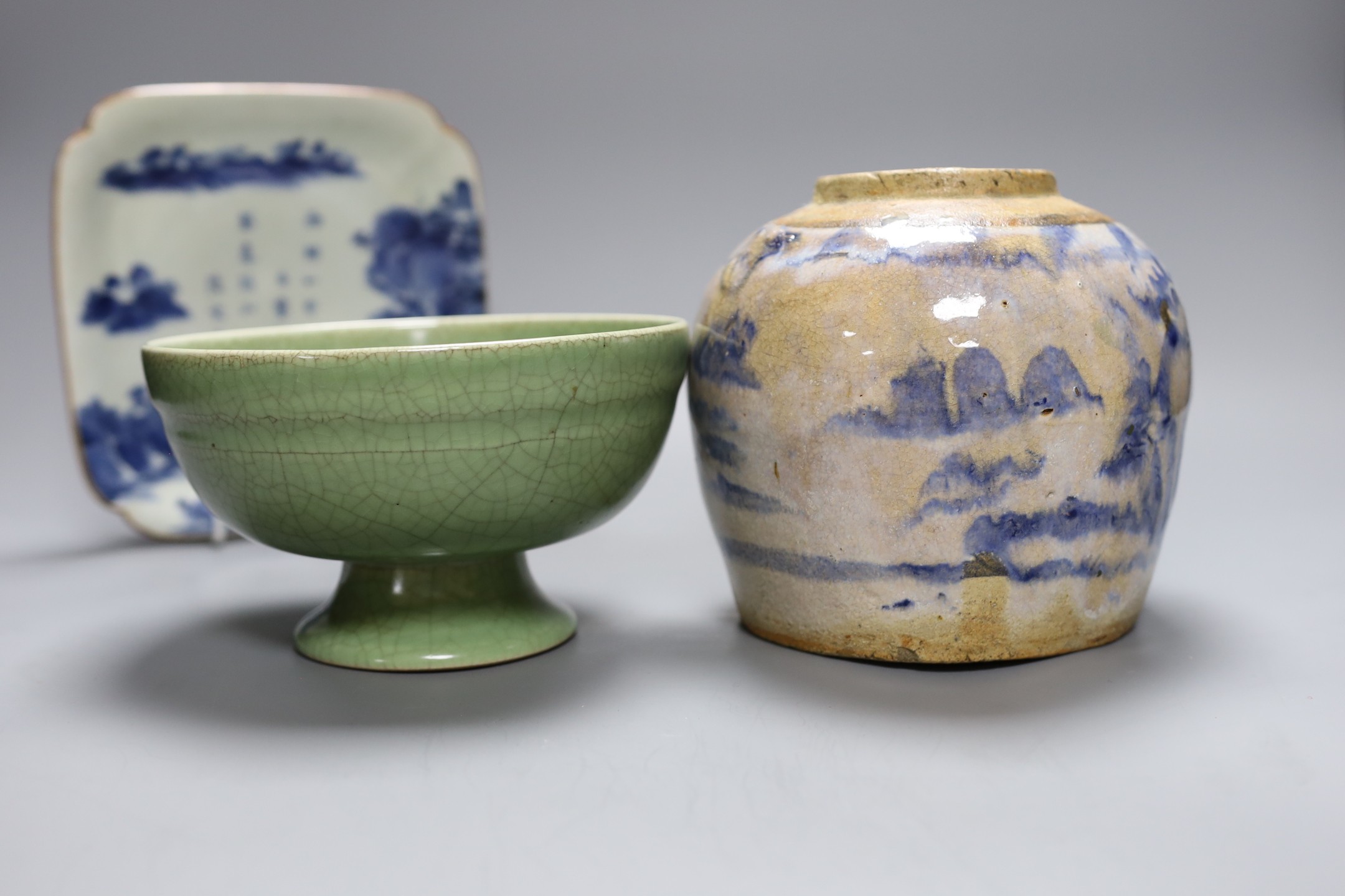 A celadon crackle glaze pedestal bowl, together with a blue and white inscribed dish, a 19th century famille verte dish and others (6)